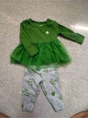 Carter's Green Tulle Tunic with Shamrock Applique & Grey Printed Leggings 6 mont